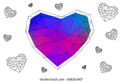 Dark Pink, Blue vector love background with heart. Paper note. Valentine's greeting polygonal card. Triangular illustration for your business. Stock template for your design.