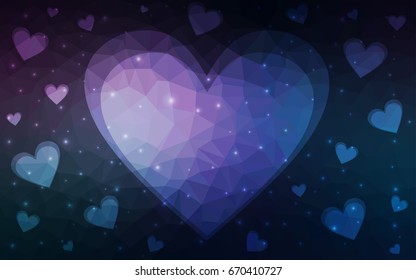 Dark Pink, Blue vector love background with heart. Paper note. Valentine's greeting polygonal card. Triangular illustration for your business. Stock template for your design.