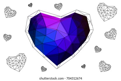 Dark Pink, Blue vector love background with heart. Paper note. Valentine's greeting polygonal card. Triangular illustration for your business. Stock template for your design.