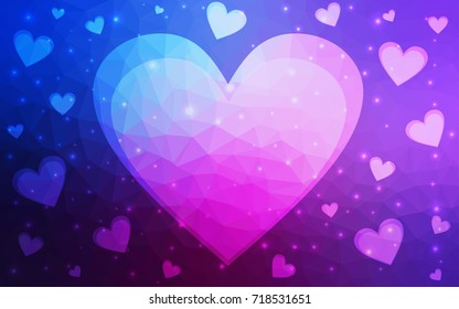 Dark Pink, Blue vector love background with heart. Paper note. Valentine's greeting polygonal card. Triangular illustration for your business. Stock template for your design.