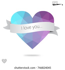 Dark Pink, Blue vector love background with heart. Paper note. Valentine's greeting polygonal card. Triangular illustration for your business. Stock template for your design.