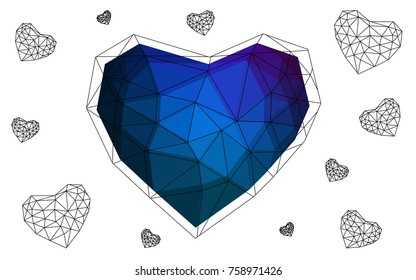 Dark Pink, Blue vector love background with heart. Paper note. Valentine's greeting polygonal card. Triangular illustration for your business. Stock template for your design.