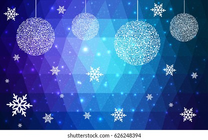Dark Pink Blue vector low poly crystal background with snowflakes. Polygon christmas design pattern . Low poly illustration of New Year celebration.