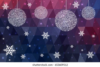 Dark Pink Blue vector low poly crystal background with snowflakes. Polygon christmas design pattern . Low poly illustration of New Year celebration.