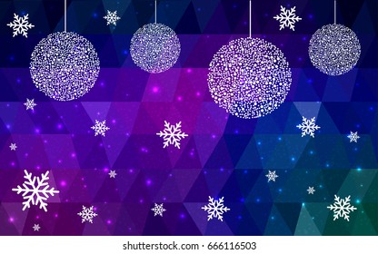 Dark Pink Blue vector low poly crystal background with snowflakes. Polygon christmas design pattern . Low poly illustration of New Year celebration.