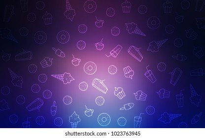 Dark Pink, Blue vector pattern with delicious cookies. Glitter abstract sketch with sweets, candies, desserts. Doodle design for your business advert of cafes.
