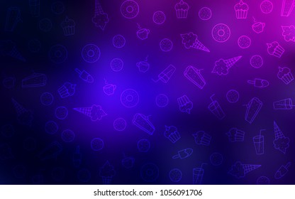 Dark Pink, Blue vector pattern with delicious cookies. Glitter abstract sketch with sweets, candies, desserts. Design for ad, poster, banner of cafes or restaurants.