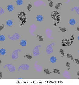 Dark Pink, Blue vector seamless doodle background with leaves and flowers. Decorative design in Indian style on white background. Hand painted design for web, leaflet, textile.