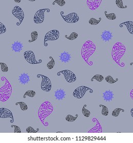 Dark Pink, Blue vector seamless doodle background with leaves and flowers. Sketchy doodles on white background. Pattern for wallpapers and coloring books.