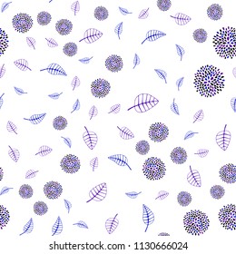 Dark Pink, Blue vector seamless doodle background with leaves and flowers. Sketchy doodles on white background. Elegant pattern for your brand book.