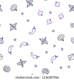 Dark Pink, Blue vector seamless pattern with fresh ingredients. Illustration with set of fresh food in doodle style. Pattern for ad, booklets, leaflets of restaurants.