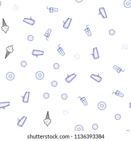 Dark Pink, Blue vector seamless background with tasty food. Fast Food on blurred abstract background with colorful gradient. Pattern for ads of breakfast, lunch, dinner.