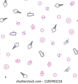 Dark Pink, Blue vector seamless cover with cuisine gourmet. Illustration with set of fresh food in doodle style. Design for ad, poster, banner of cafes or restaurants.
