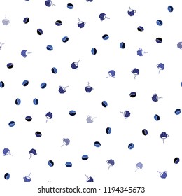 Dark Pink, Blue vector seamless layout with coffee set. Gradient abstract collection of coffee cups and beans. Design for ad, poster, banner of cafes, restaurants.