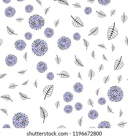 Dark Pink, Blue vector seamless elegant pattern with leaves, flowers. Leaves, flowers in doodle style on white background. Pattern for design of fabric, wallpapers.