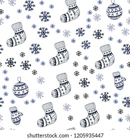 Dark Pink, Blue vector seamless pattern with christmas snowflakes, balls, socks, mittens. Colorful illustration with xmas symbols. Pattern for trendy fabric, wallpapers.