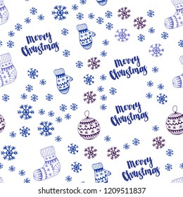 Dark Pink, Blue vector seamless texture with colored snowflakes, balls, socks, mittens. Colorful xmas elements with gradient. Template for business cards, websites.