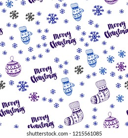 Dark Pink, Blue vector seamless layout with bright snowflakes, balls, socks, mittens. Shining colorful illustration in christmas style. Pattern for trendy fabric, wallpapers.