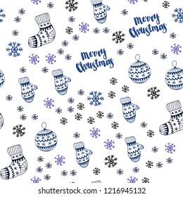 Dark Pink, Blue vector seamless background with xmas snowflakes, balls, socks, mittens. Colorful decorative design in xmas style. Texture for window blinds, curtains.