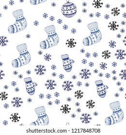 Dark Pink, Blue vector seamless pattern with christmas snowflakes, balls, socks, mittens. Modern geometric abstract illustration. Texture for window blinds, curtains.