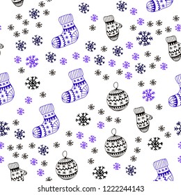 Dark Pink, Blue vector seamless texture with colored snowflakes, balls, socks, mittens. Colorful illustration with xmas symbols. Pattern for design of fabric, wallpapers.