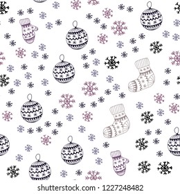 Dark Pink, Blue vector seamless cover with beautiful snowflakes, balls, socks, mittens. Shining colorful illustration in christmas style. Template for business cards, websites.