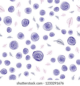 Dark Pink, Blue vector seamless natural artwork with leaves and flowers. Abstract illustration with leaves, flowers in doodles style. Design for textile, fabric, wallpapers.
