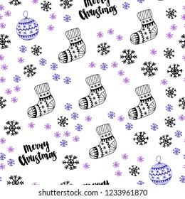 Dark Pink, Blue vector seamless pattern with christmas snowflakes, balls, socks, mittens. Shining colorful illustration in christmas style. Design for textile, fabric, wallpapers.