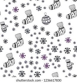 Dark Pink, Blue vector seamless pattern with christmas snowflakes, balls, socks, mittens. Modern geometric abstract illustration. Pattern for trendy fabric, wallpapers.