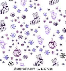 Dark Pink, Blue vector seamless background with xmas snowflakes, balls, socks, mittens. Colorful xmas elements with gradient. Template for business cards, websites.