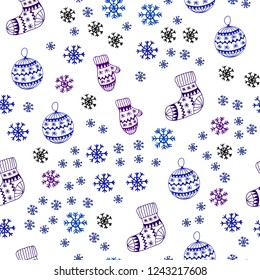 Dark Pink, Blue vector seamless pattern with christmas snowflakes, balls, socks, mittens. Colorful xmas elements with gradient. Template for business cards, websites.