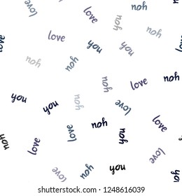 Dark Pink, Blue vector seamless cover with quote LOVE YOU. Decorative design in doodle style with text LOVE YOU. Texture for window blinds, curtains.