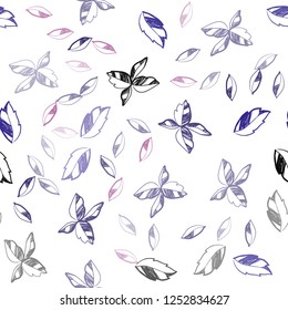 Dark Pink, Blue vector seamless abstract backdrop with leaves. Glitter abstract illustration with doodles and leaves. Pattern for design of window blinds, curtains.