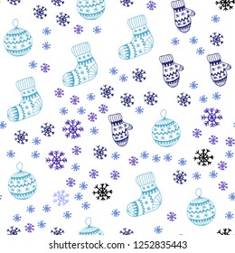Dark Pink, Blue vector seamless texture with colored snowflakes, balls, socks, mittens. Colorful xmas elements with gradient. Pattern for trendy fabric, wallpapers.