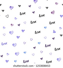 Dark Pink, Blue vector seamless texture with words LOVE YOU, hearts. Illustration with words of love, hearts in abstract style. Pattern for design of fabric, wallpapers.
