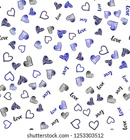 Dark Pink, Blue vector seamless pattern with phrase LOVE YOU, hearts. Illustration with words of love, hearts in abstract style. Design for wallpaper, fabric makers.