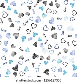 Dark Pink, Blue vector seamless pattern with phrase LOVE YOU, hearts. Design in doodle style with text LOVE YOU, hearts. Template for business cards, websites.