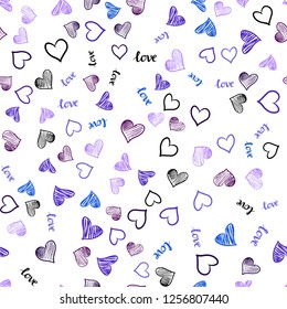 Dark Pink, Blue vector seamless pattern with phrase LOVE YOU, hearts. Illustration with words of love, hearts in abstract style. Template for business cards, websites.