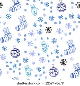Dark Pink, Blue vector seamless background with xmas snowflakes, balls, socks, mittens. Colorful decorative design in xmas style. Template for business cards, websites.