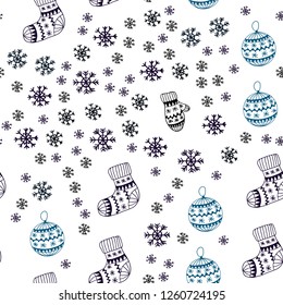 Dark Pink, Blue vector seamless layout with bright snowflakes, balls, socks, mittens. Glitter abstract illustration with gradient. Design for wallpaper, fabric makers.