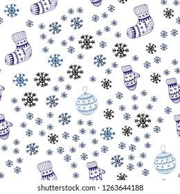 Dark Pink, Blue vector seamless pattern with christmas snowflakes, balls, socks, mittens. Colorful xmas elements with gradient. Pattern for trendy fabric, wallpapers.
