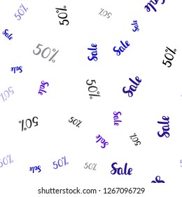 Dark Pink, Blue vector seamless pattern with 50 percentage signs. Colored words of sales with gradient on white background. Backdrop for super sales on Black Friday.