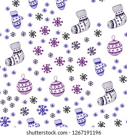 Dark Pink, Blue vector seamless layout with bright snowflakes, balls, socks, mittens. Colorful decorative design in xmas style. Texture for window blinds, curtains.