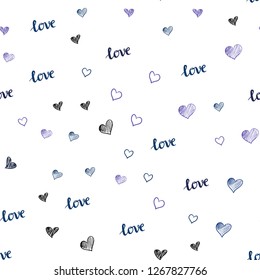 Dark Pink, Blue vector seamless pattern with phrase LOVE YOU, hearts. Design in doodle style with text LOVE YOU, hearts. Template for business cards, websites.