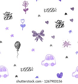 Dark Pink, Blue vector seamless backdrop with holiday gifts. Colorful illustration with a toy car, heart, baloon, tulip, candy, ball. Pattern for new year ads.
