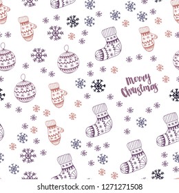 Dark Pink, Blue vector seamless template with ice snowflakes, balls, socks, mittens. Colorful xmas elements with gradient. Design for wallpaper, fabric makers.