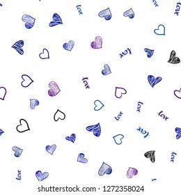 Dark Pink, Blue vector seamless backdrop with phrase LOVE YOU, hearts. Illustration with words of love, hearts in abstract style. Texture for window blinds, curtains.