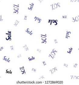 Dark Pink, Blue vector seamless texture with selling prices 30 %. Colored words of sales with gradient on white background. Template for season sales, shopping ads.