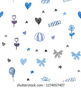 Dark Pink, Blue vector seamless background in xmas style. Illustration with a colorfulheart, baloon, candy, gift, star, ribbon. Template for new year postcards.