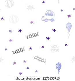 Dark Pink, Blue vector seamless template in carnival style. Design in xmas style with a toy car, baloon, candy, star, ball. Design for colorful commercials.